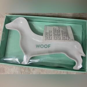 Fringe Studios Ceramic Dog Trinket Tray Tea Bag Holder “ WOOF” Dachschund New